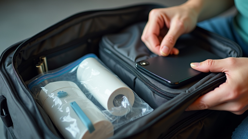 Packing a carry-on bag with liquids in a quart bag and an accessible power bank.
