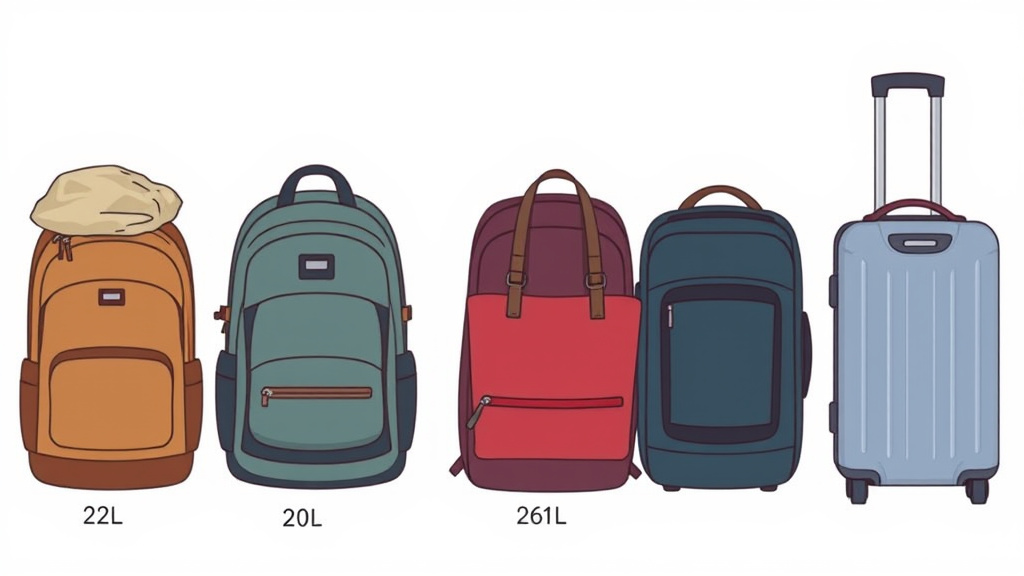 Visual comparison of 22L backpack size versus 20L, 26L, and 30L packs.