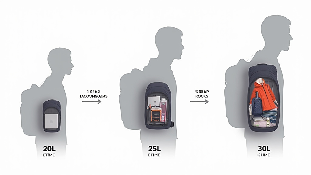Visual comparison of 20L, 25L, and 30L backpack capacities and contents.