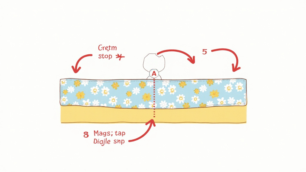 Diagram of magnetic snap placement inside a reversible tote bag.