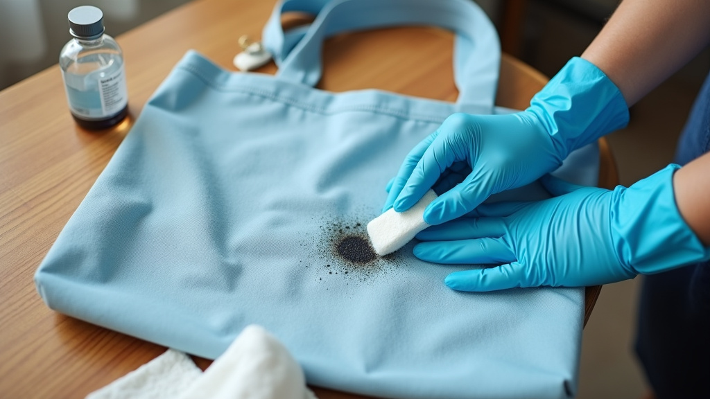 Close-up of using rubbing alcohol to remove an ink stain from a Lands End tote.