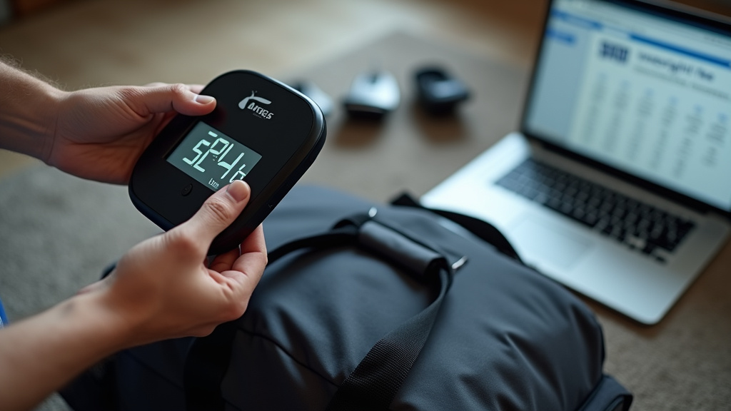 Hands checking duffel bag weight on scale next to airline fee chart
