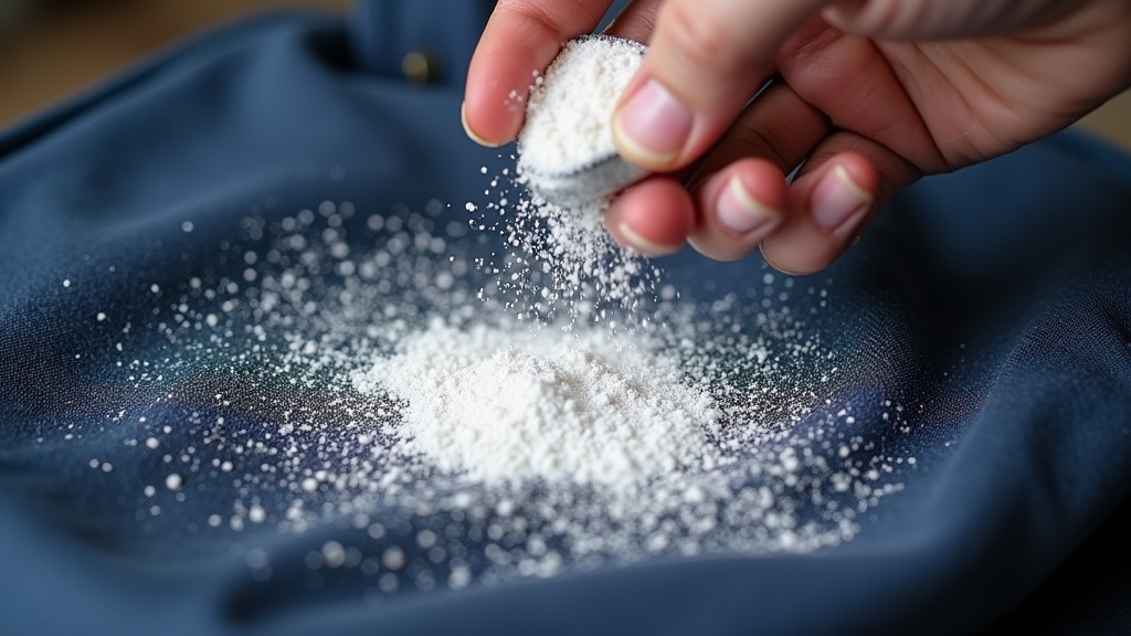Applying cornstarch to a grease stain on an LL Bean canvas tote bag.