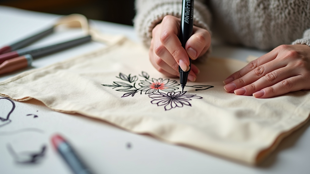 Close-up of using fabric markers to add detail to a painted canvas tote bag.