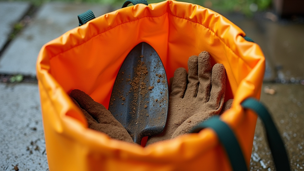 Bogg Bag with dirty tools on a wet surface, showing cleanable material.