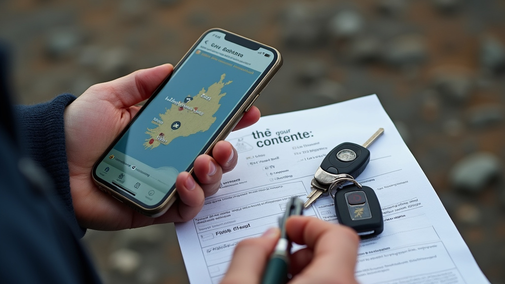 Backpacker booking Iceland campsites and transport on a phone and map