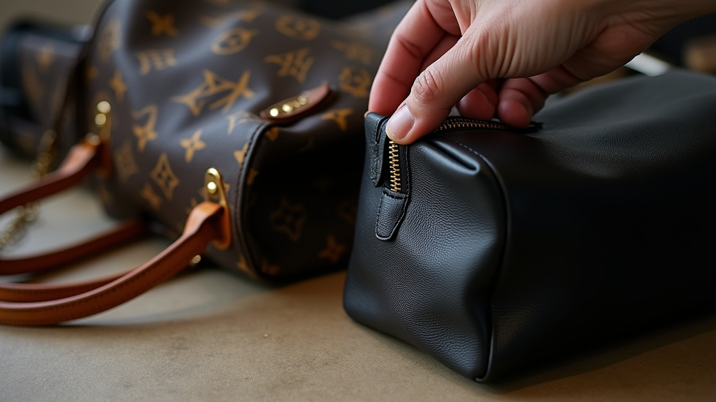 Close-up comparison of Louis Vuitton canvas and leather bags showing material wear