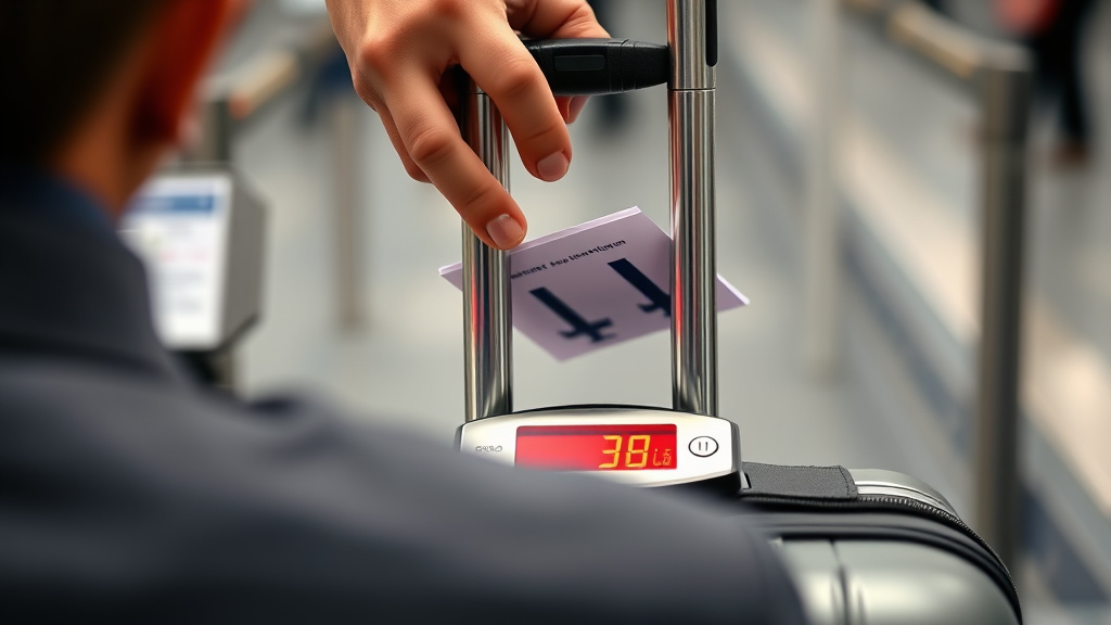 Hands weighing an overweight carry-on bag on a scale at the airport gate.
