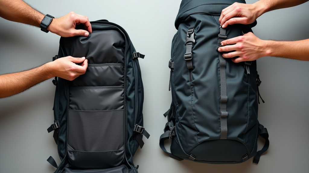 Comparing a clamshell travel backpack to a top-loading hiking backpack.