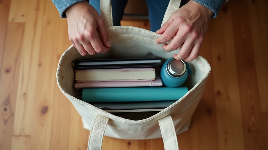 Hands testing a loaded tote bag for comfort and weight distribution.