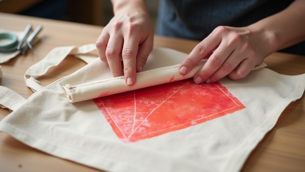 Close-up of cotton canvas fabric being screen printed for a tote bag.