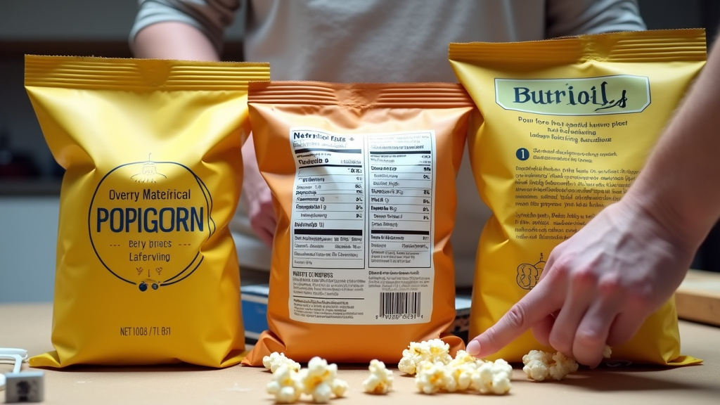 Comparing calorie counts on light, natural, and 100-calorie popcorn bag labels.