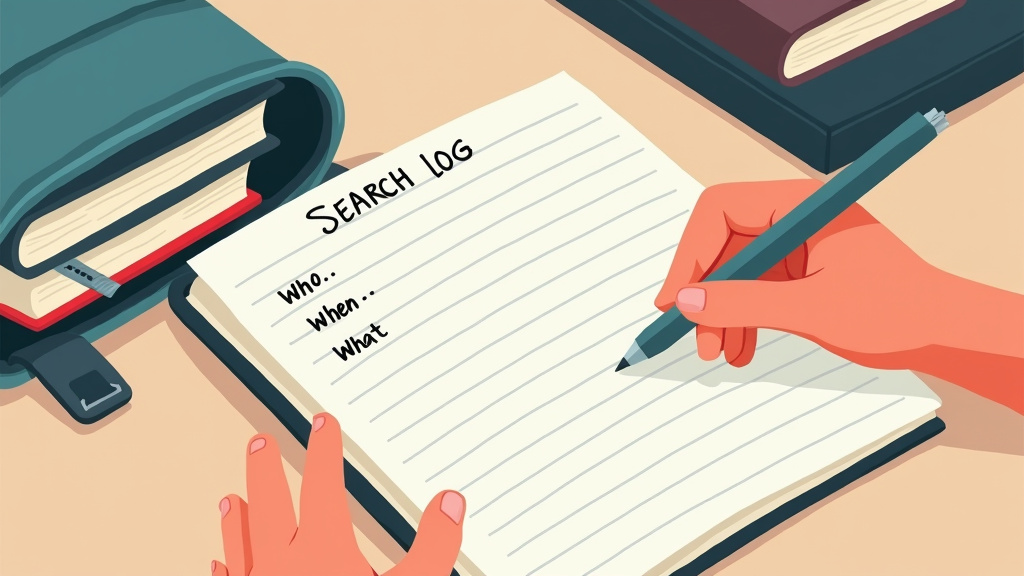 Student documents a backpack search in a detailed log with notebook and backpack.
