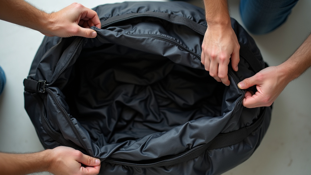 Two people folding a large Patagonia Black Hole duffel bag on the floor.
