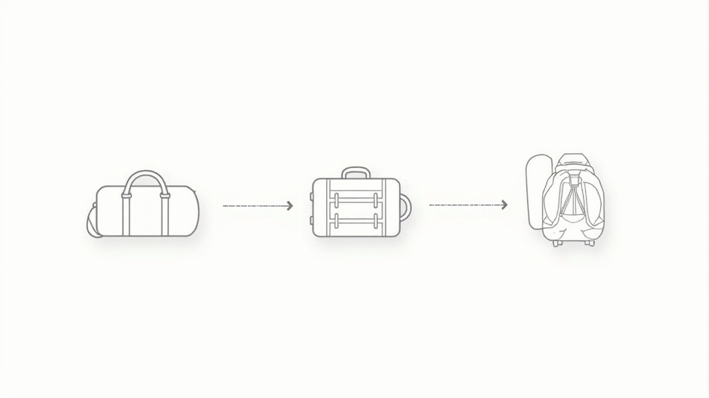 Duffel bag, suitcase, and backpack diagram comparing flexibility, organization, and mobility.