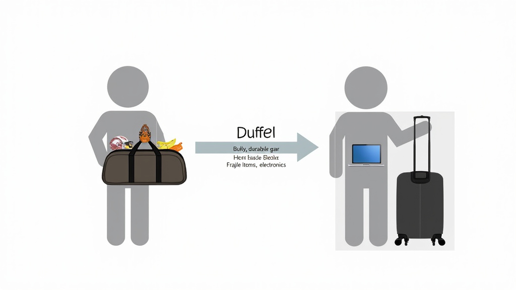 Diagram comparing duffel bag versus suitcase for checked luggage packing scenarios.