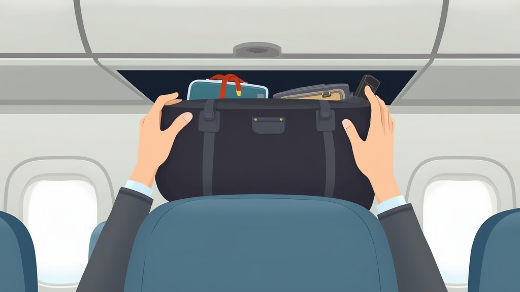Duffel bag stowed in overhead bin for American Airlines exit row seat rules.