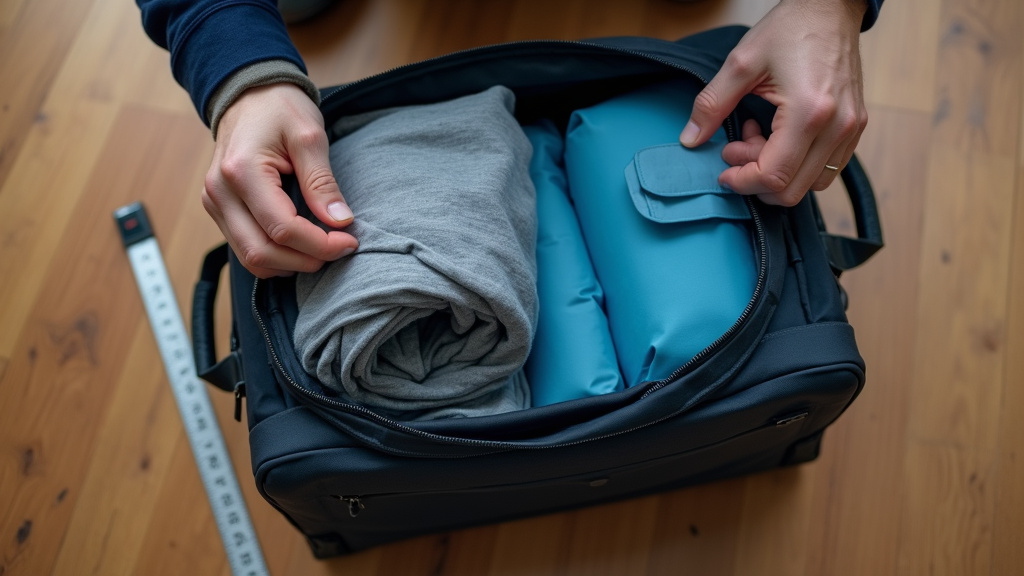 Hands packing a carry-on duffel bag with packing cubes for airline compliance.