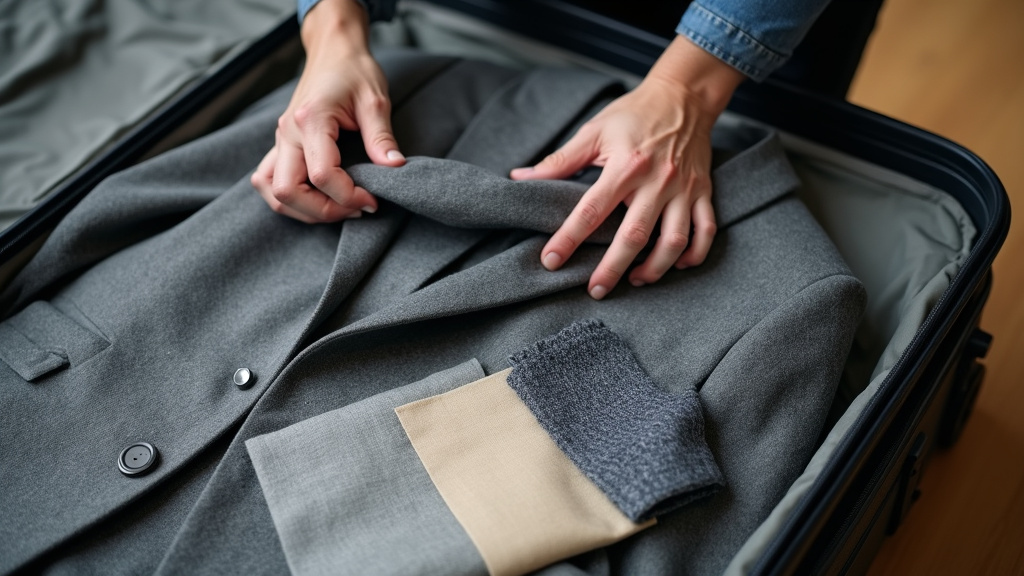 Comparing fabric swatches while packing a wool sports coat in a suitcase.