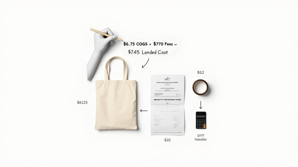 Diagram calculating tote bag production costs and retail pricing formula.