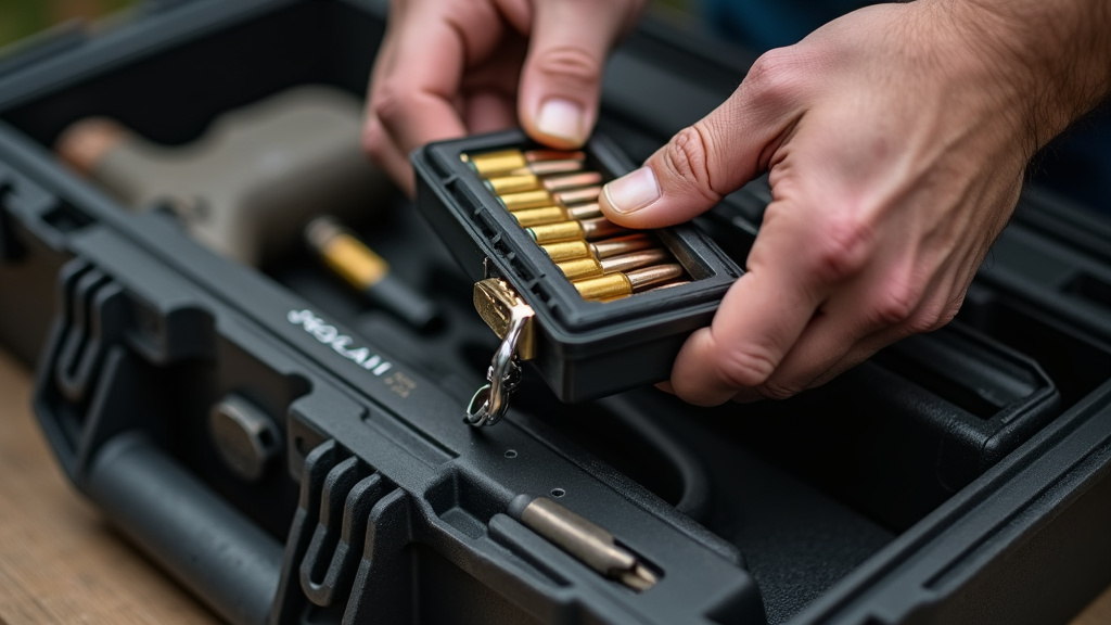 Unloaded firearm and boxed ammunition secured inside a locked hard-sided case.