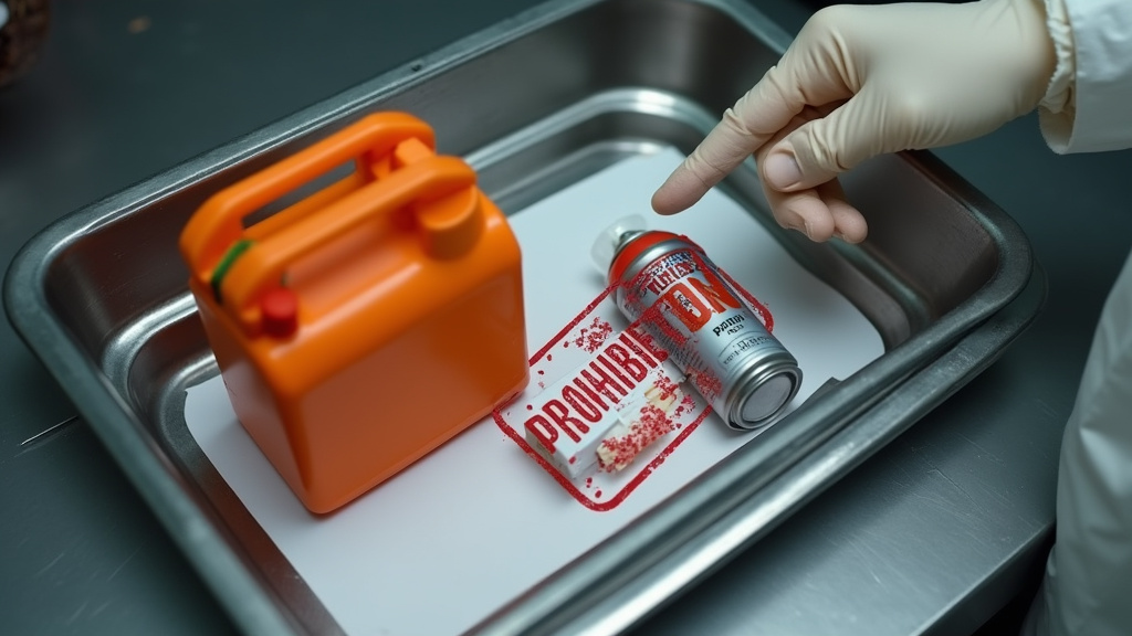 Prohibited carry-on items: camping fuel, matches, and spray paint in security tray.