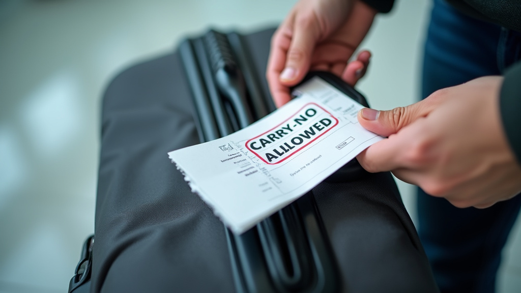 Boarding pass indicating no carry-on allowance next to a suitcase.