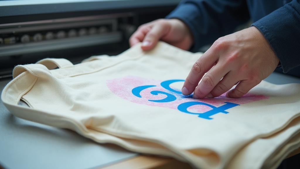Close-up comparing printed cotton canvas and polyester tote bag material results