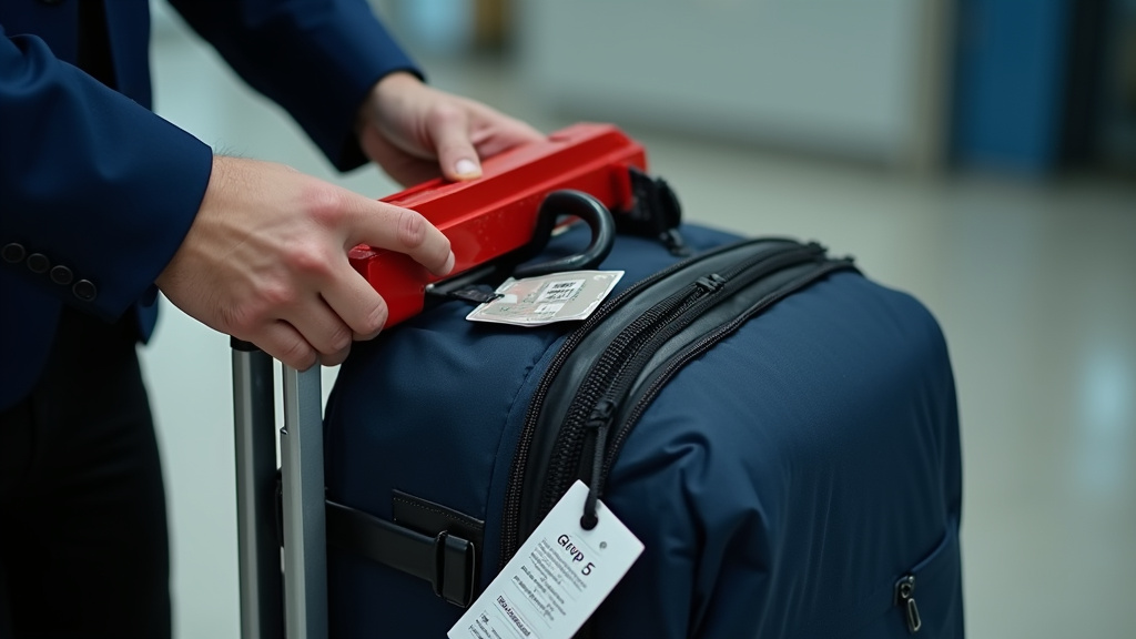 United gate agent checking oversized carry-on bag with metal sizer at boarding.
