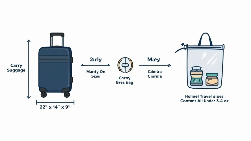 Delta carry-on size and TSA 3-1-1 liquids rule diagram for airline travel.
