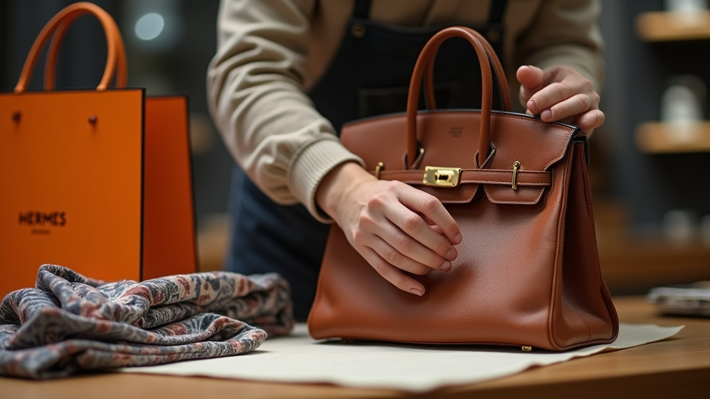 Acquiring a Birkin bag on a boutique counter next to Hermès accessories