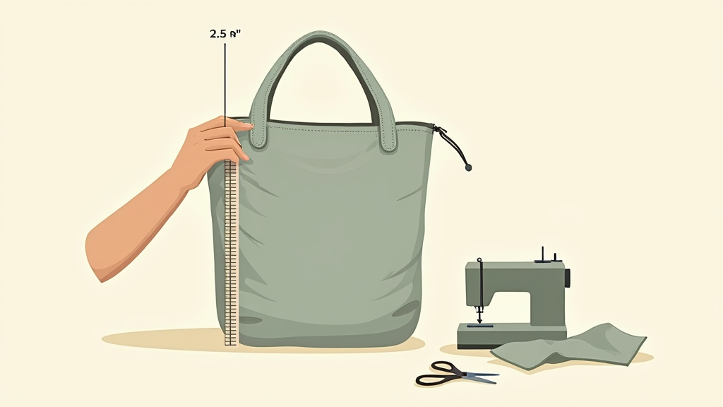 Measuring and sewing a boxed corner on a zippered tote bag for a flat bottom.
