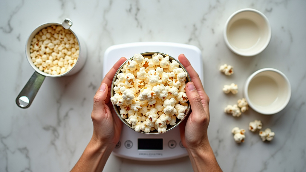 Measuring air-popped popcorn portions with a scale and small bowls for calorie control.