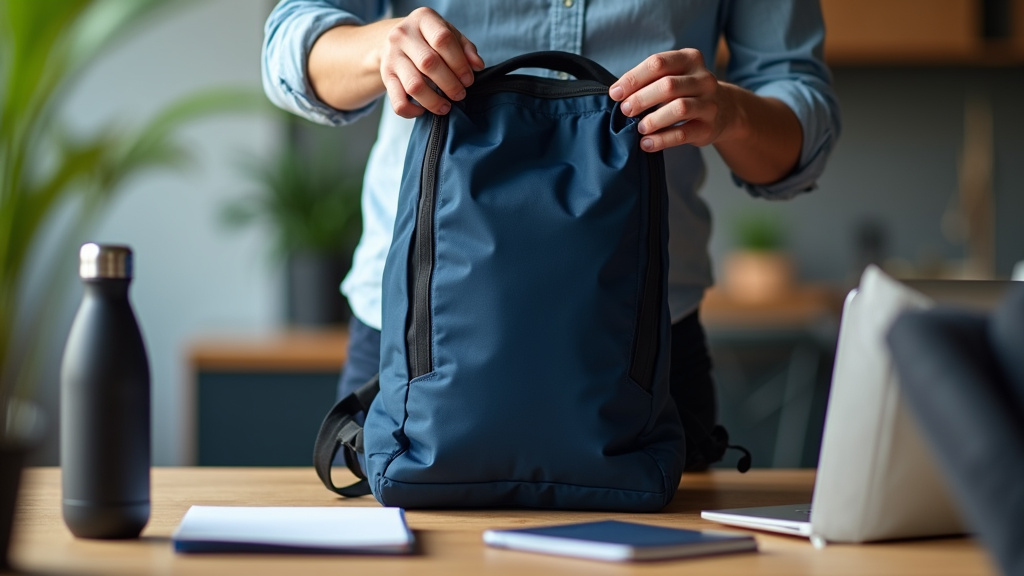 Person testing the fit and compression straps on a 25 liter backpack.