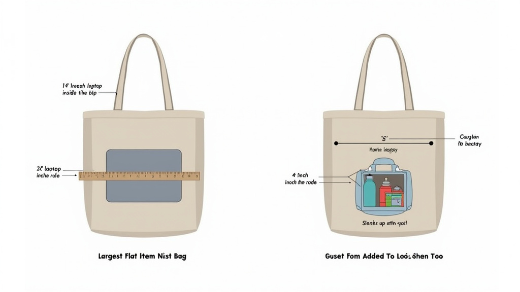 Diagram measuring tote bag interior width and gusset depth for daily carry