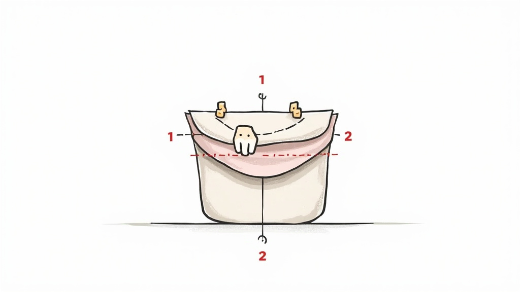 Diagram showing how to untwist a bag strap through the lining gap