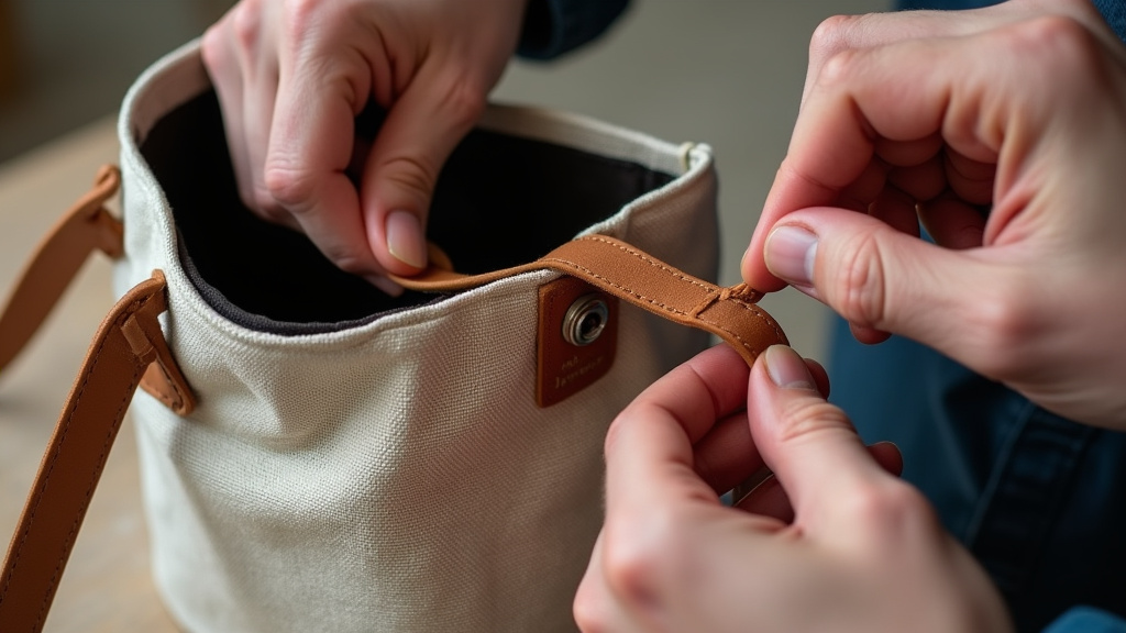 Close-up inspection of tote bag strap attachment and metal hardware for quality.