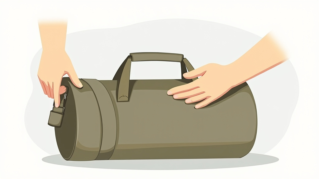 Hands inspecting a duffel bag's shoulder strap and reinforced bottom