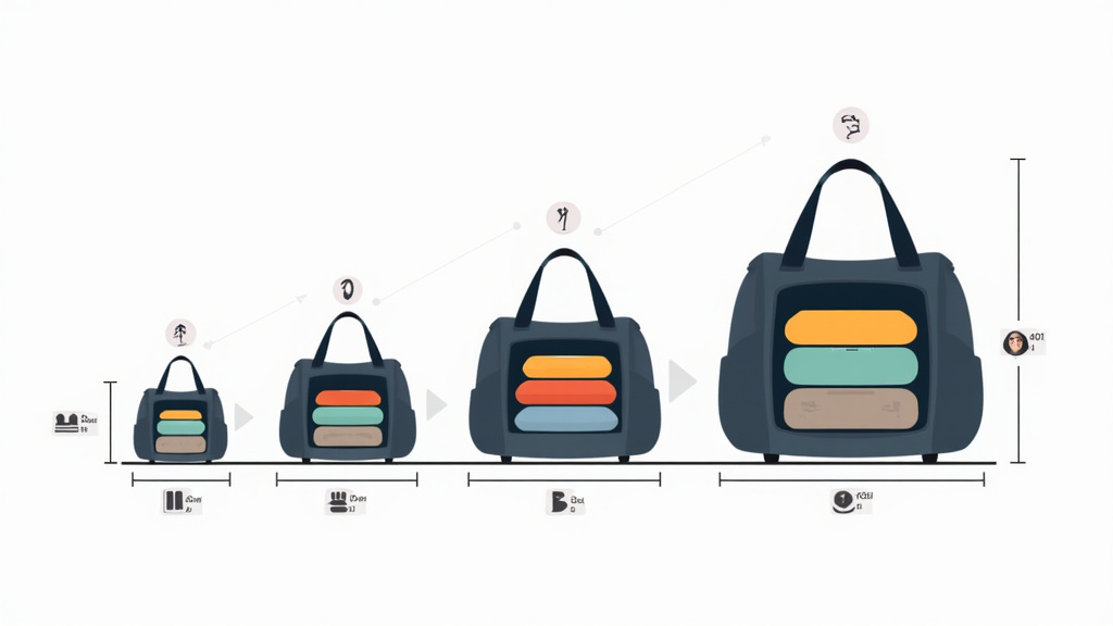 Diagram comparing duffel bag sizes from 30 to 100 liters with packed contents and weight.