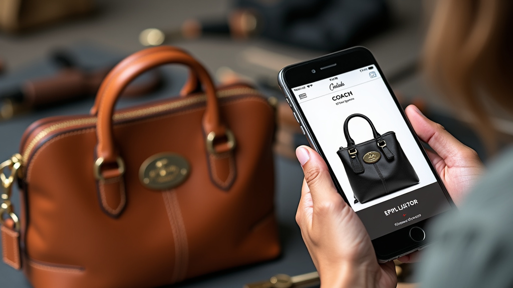 Close-up of Coach bag and phone showing official price research for comparison shopping