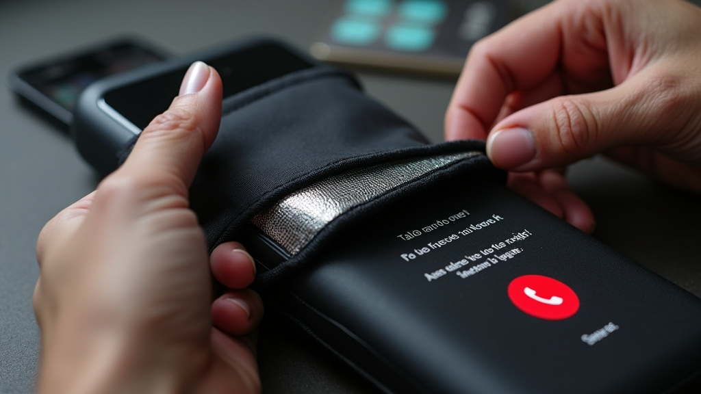 Hands testing a Faraday bag by sealing a smartphone inside during a call.