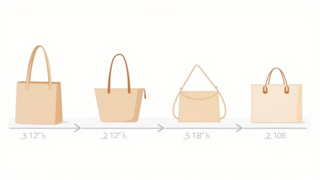 Diagram comparing tote bag handles and shapes to weekender, shoulder, and shopper bags.