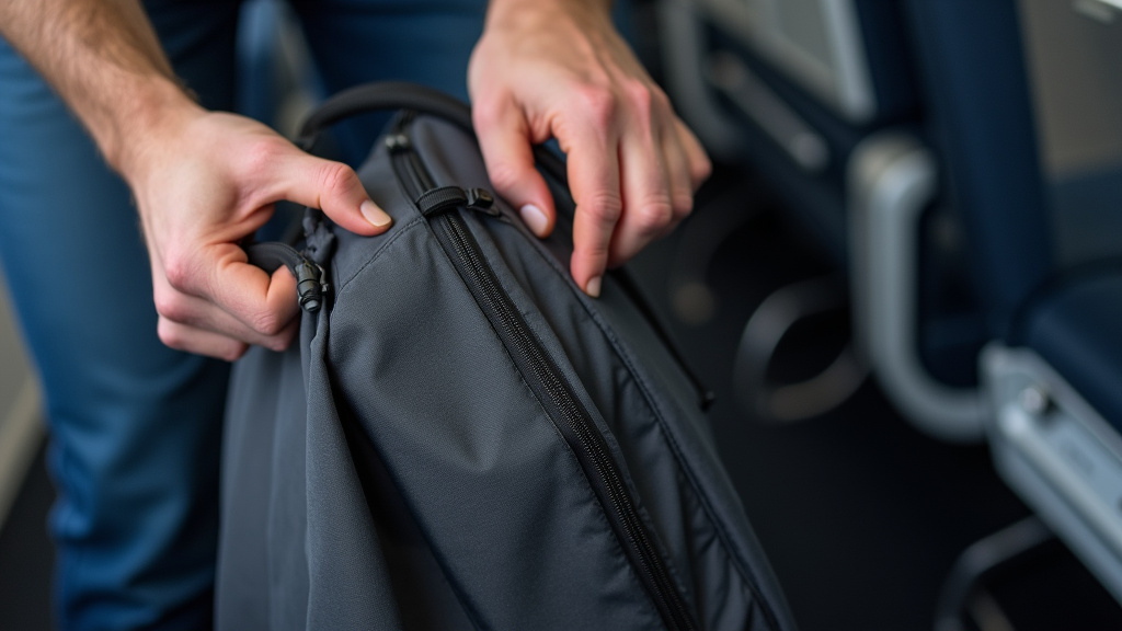 20L backpack with compression straps being tightened under an airplane seat.