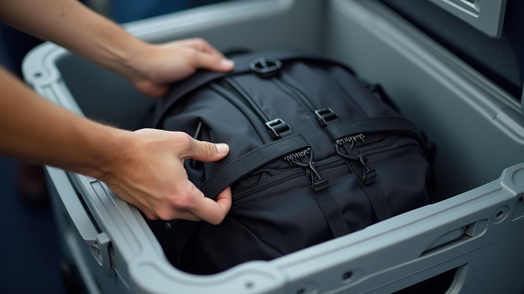 A 30L backpack being compressed to fit a strict airline personal item sizer.