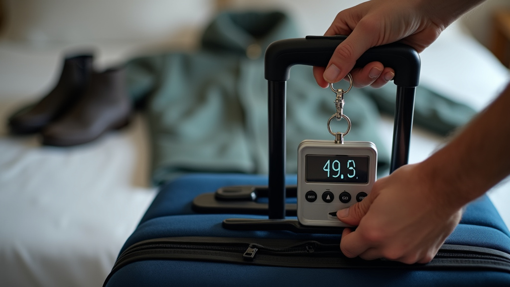Person weighing a fully packed suitcase with a handheld luggage scale at home.