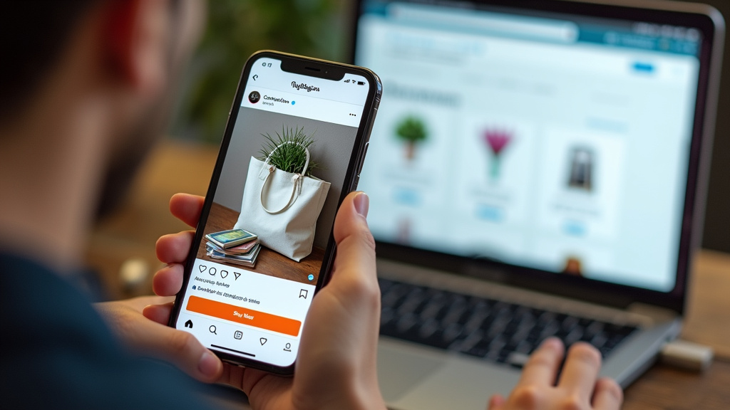 Close-up of a smartphone displaying an Instagram ad for a tote bag business.