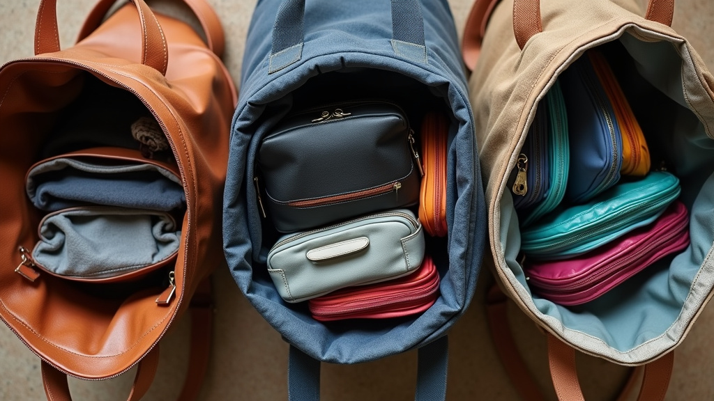 Organized interiors of leather, canvas, and nylon tote bags compared