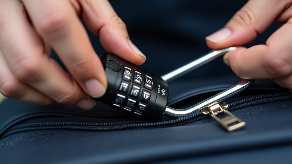 Close-up of hands resetting a padlock-style suitcase lock by depressing the shackle.