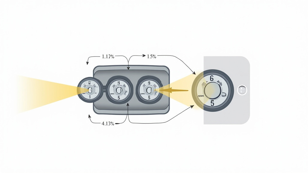 Diagram showing notch alignment method for resetting a forgotten suitcase lock code.