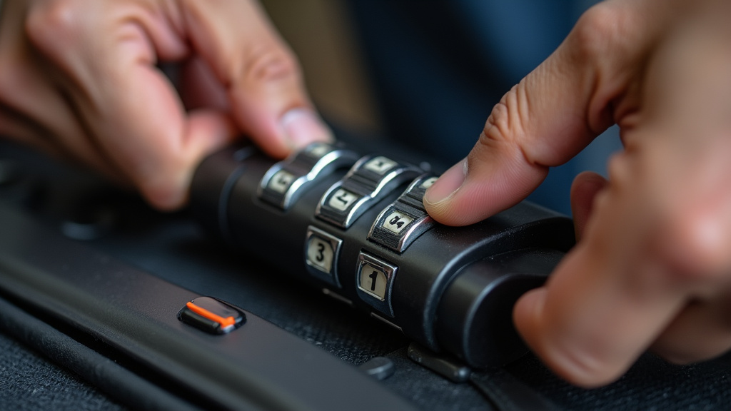 Close-up of hands using the feel method to find a suitcase lock combination.